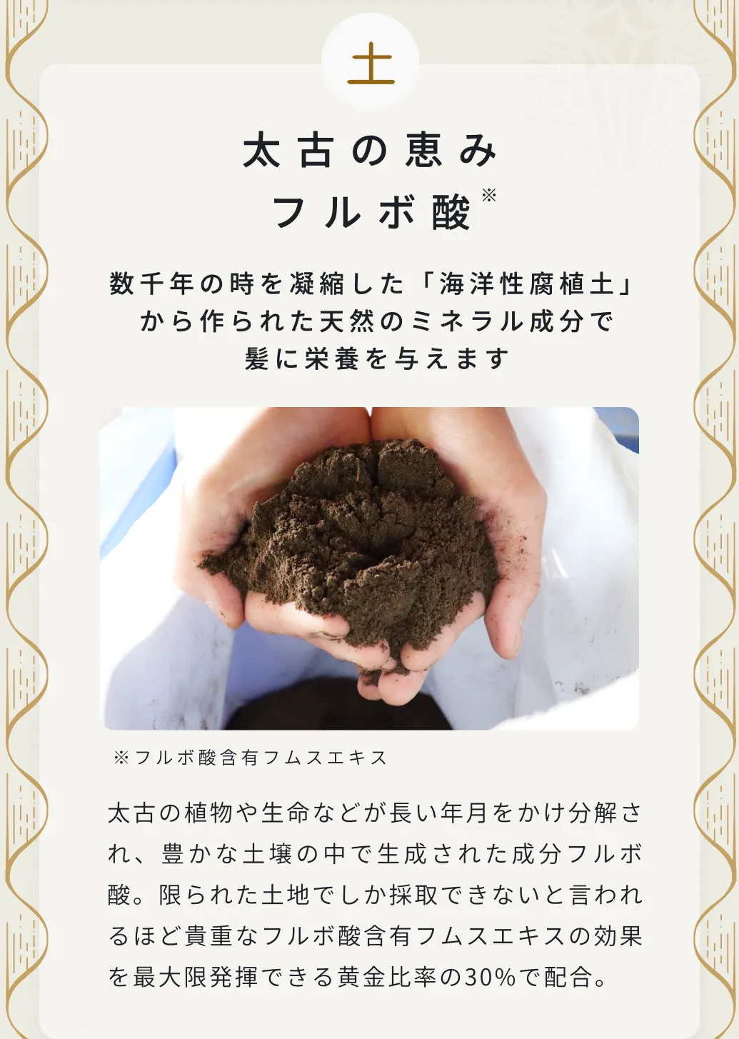 数千年の時を凝縮した「海洋性腐植土」から作られた天然のミネラル成分で髪に栄養を与えます
