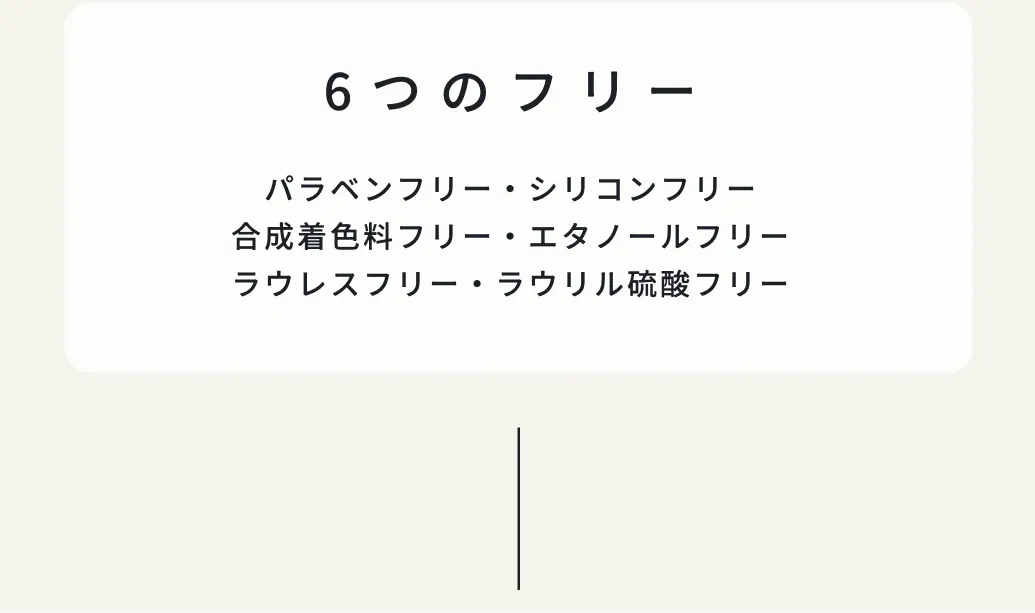 パラベンフリー・シリコンフリー・合成着色料フリー・エタノールフリー・ラウレスフリー・ラウリル硫酸フリー